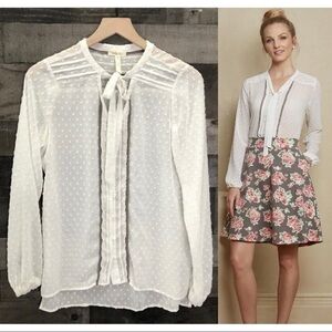 Matilda Jane Womens Sz XL Ivory Swiss Dot Chiffon Tie Neck Blouse Crochet Top